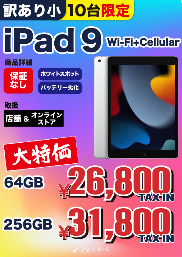 【訳あり・保証無し】iPad 9 （2021年） Wi-Fi+Cellular 64/256GB