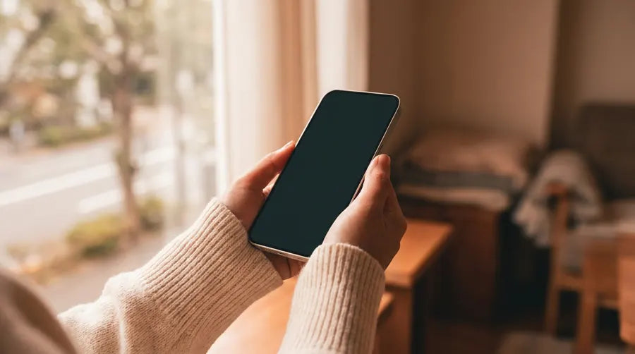 窓辺で手元のスマートフォンを操作する様子